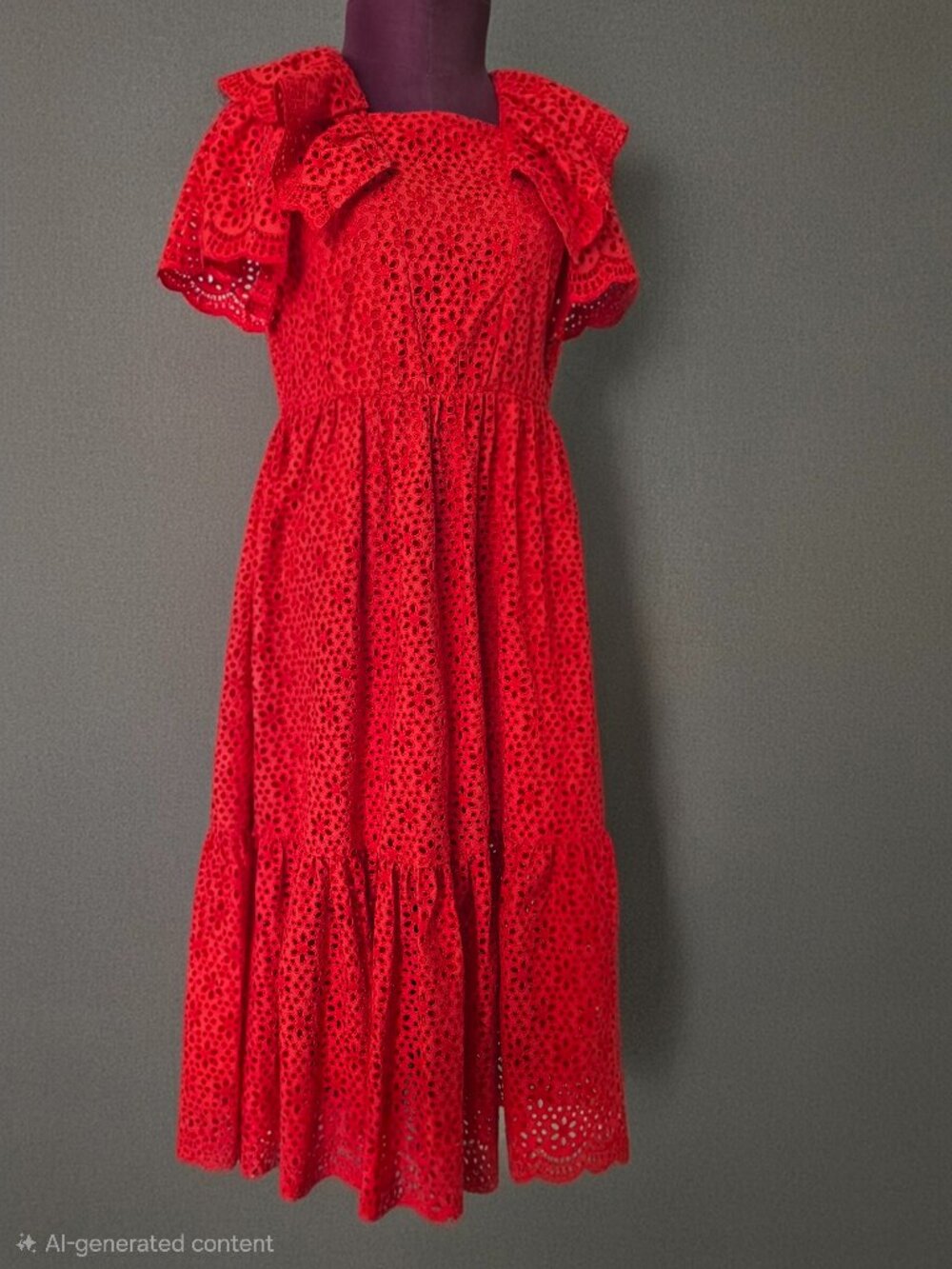 MSGM Milano Red Eyelet Lace Flutter Sleeve Tiered Midi Dress Italian 44 US 8
